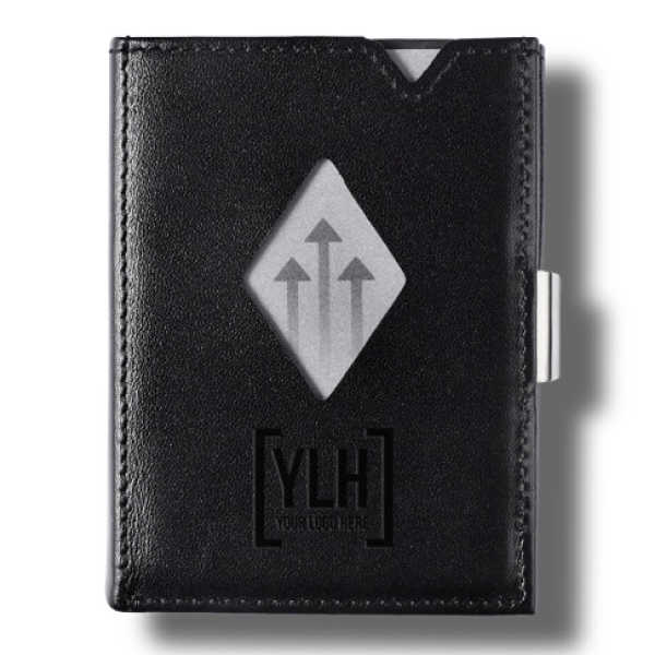 Black leather wallet customized with company logo