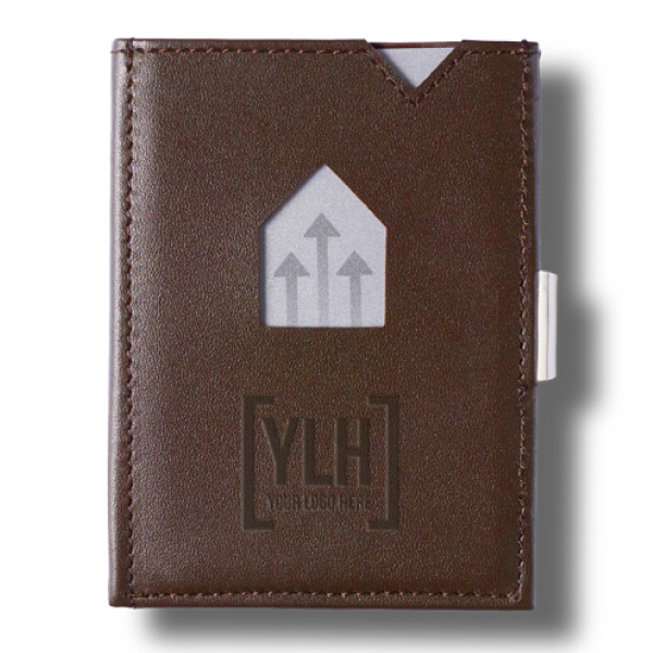 Brown leather wallet with embossed corporate message