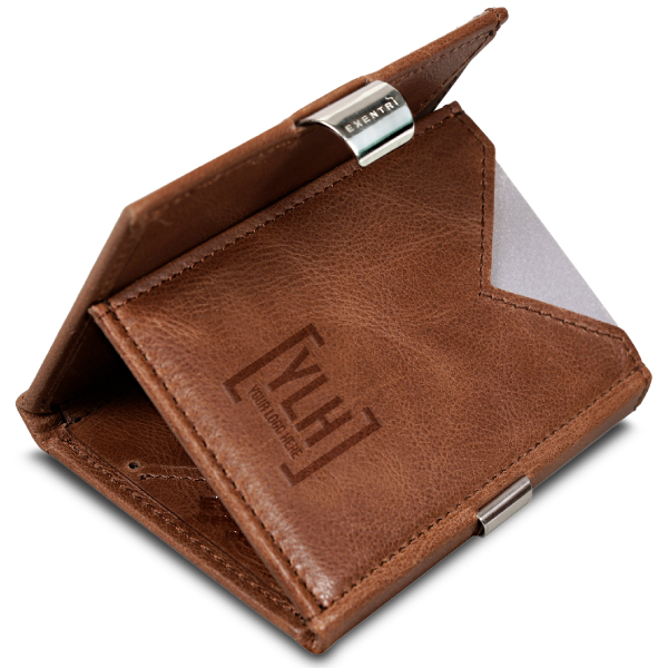 Brown wallet with embossed business logo on interior pocket